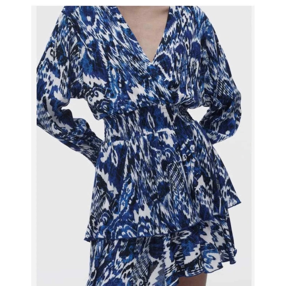 Zara Printed Elastic Waistband flare Y2K preppy babydoll Dress Blue S A008289